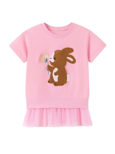 Pink short-sleeve girls' dress with cute bunny embroidery and layered mesh skirt
