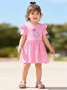 Kleinkind Mädchen Sommer Baumwolle Kurzarm Rosa Kleid Mit Blumen Kaninchen Applikation Rüschenärmel Lässig Prinzessin Rock