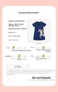 Detail view of cotton dress features, including 100% cotton fabric and sizing guide