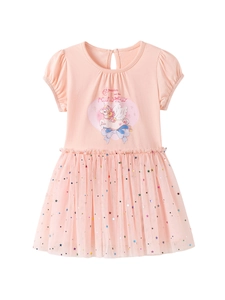 Pink girl's princess dress with unicorn print and multi-layer sequin tulle skirt