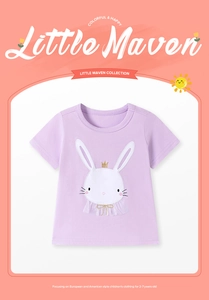 Close-up of girls purple cotton t-shirt featuring a white rabbit with gold crown embroidery