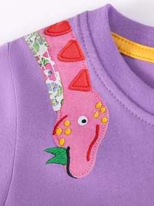 Paarse gebreide meisjesjurk met schattige dinosaurusapplicatie en bloemenpatchwork