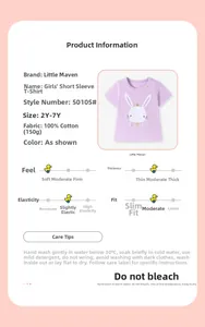 Size chart for girls cotton T-shirt featuring a rabbit graphic and soft 100% cotton fabric