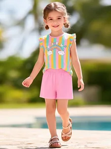 Mädchen Regenbogen Ärmelloses Streifentop und rosa Shorts Sommer-Outfit-Set für die Freizeit