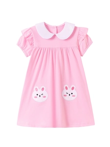 Rosa kurzärmeliges Mädchenkleid mit Peter-Pan-Kragen und süßer Hasen-Stickerei