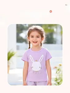 Detail of girl's purple cotton T-shirt featuring a cartoon rabbit with mesh bow decoration