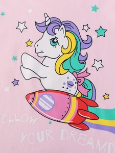 Rosa Mädchen Baumwoll T-Shirt mit Einhorn auf Rakete und Sternen-Grafikprint