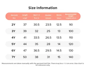 Detailed size information chart for girls cotton T-shirt with measurements for 2Y-7Y sizes