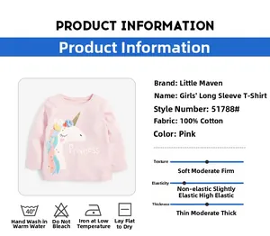 Dettaglio della maglietta in cotone rosa per bambina con stampa unicorno e info