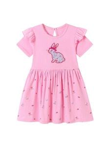 Sommerkleid für Mädchen in Rosa mit süßer Hasen-Stickerei und Rüschenärmeln