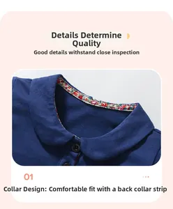Detail of Peter Pan collar on navy blue cotton dress with floral inner lining