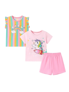 Mädchen-Sommerset 3-teilig mit Regenbogen-Rüschentop, Einhorn-T-Shirt und rosa Shorts