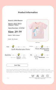 Tableau détaillé du t-shirt en coton rose pour fille avec licorne scintillante et texte