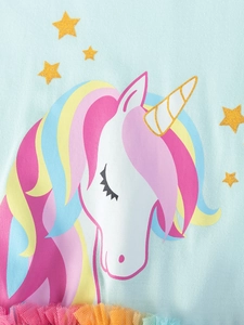 Robe bleue enfant avec licorne arc-en-ciel à paillettes et ourlet en tulle coloré