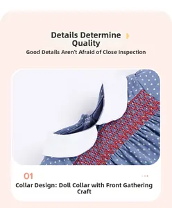 Close-up of white Peter Pan collar and red smocking on blue polka dot cotton girl dress