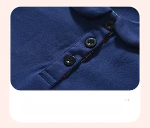 Detailed close-up of dark blue knit polo neckline with three-button placket and floral lining