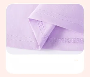 Detail view of double-needle stitching on light purple cotton t-shirt hem for girls