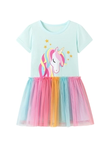 Robe de fille en coton bleu clair avec imprimé licorne et jupe en tulle arc-en-ciel