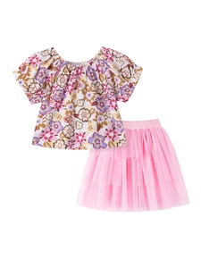 Ensemble d'été pour fille avec haut floral à manches bouffantes et jupe tutu en tulle rose