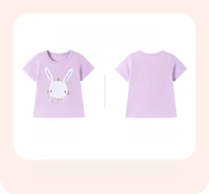 Front and back detail of a purple cotton girls' t-shirt with a crowned bunny print