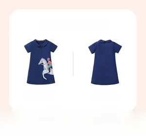 Detail of navy cotton girls' dress with Peter Pan collar and horse embroidery