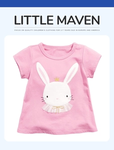 Detail of cotton girls t-shirt showing embroidered white rabbit with gold crown and mesh