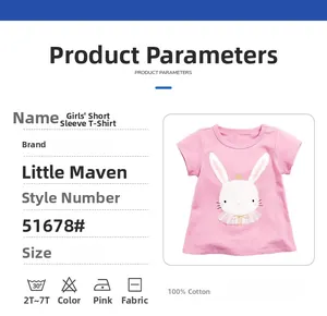 Detail view of 100% cotton pink girls' t-shirt with crown rabbit print and size chart