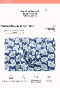 Détail du tissu 100% coton avec motif floral bleu montrant une texture douce et respirante