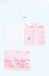 Détail d'une robe polo en coton rose pour fille avec broderie arc-en-ciel et volants