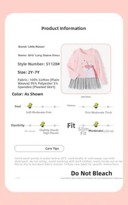 Détails de la robe rose en coton à manches longues avec licorne et jupe plissée