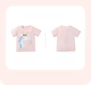 Vue avant et arrière du T-shirt rose fille avec licorne et détails de fleurs