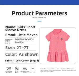 Pink cotton Polo dress for girls featuring white polka dots and strawberry embroidery