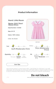 Tabella dettagliata dell'abito da bambina in cotone con punto smock e cura del capo