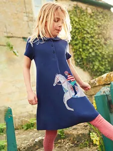 Girls Short Sleeve Cotton Polo Dress With Cartoon Horse Applique Embroidery Peter Pan Collar Summer Casual Princess Dress