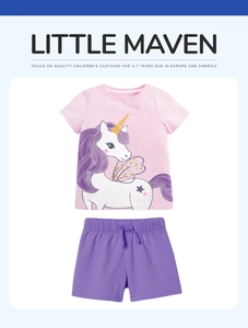 Pink cotton t-shirt with unicorn print and purple shorts for girls aged 2-7 years