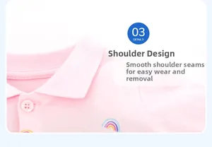 Détail de robe rose en coton avec broderie arc-en-ciel et col polo pour filles