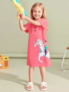 Pink short-sleeve cotton girls dress with colorful cartoon horse print for summer