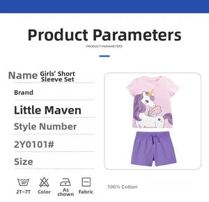 Detailed size chart for girl's cotton short-sleeve set with pink unicorn print and purple shorts