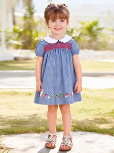 Girls Cotton Short Sleeve Polka Dot Dress Smocking Embroidery Rabbit Flower Peter Pan Collar Summer Casual Princess Dress