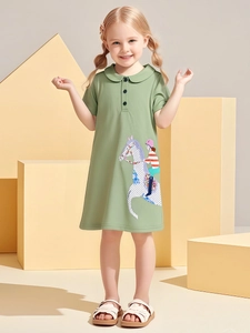 Short sleeve sage green girl's dress with Peter Pan collar and equestrian embroidery