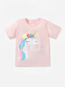 Little Maven Girls Cotton T-Shirt Short Sleeve Pink Unicorn Princess Tee With 3D Mesh Flower Decoration Kids Summer Top