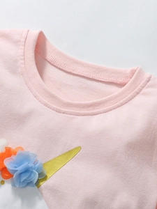 Pink cotton girls' t-shirt featuring unicorn print and 3D handmade floral collar details