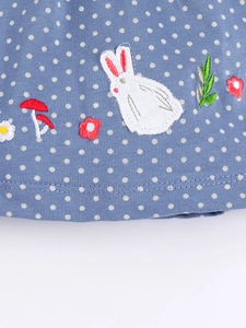 Blue cotton girls summer dress with white polka dots and cute rabbit floral embroidery