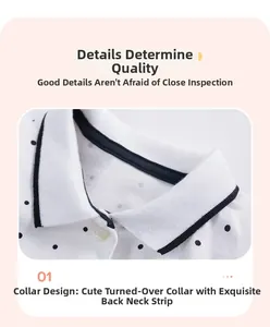 Detailed close-up of white polka dot polo collar with black piping and pique texture