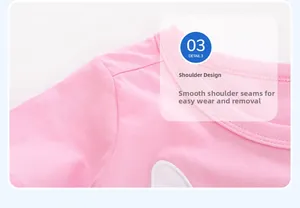 Detail of pink cotton knit top showing round neckline and smooth shoulder stitching