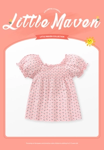 Détail du t-shirt rose en coton pour fille avec motif tulipes et corsage plissé élastique