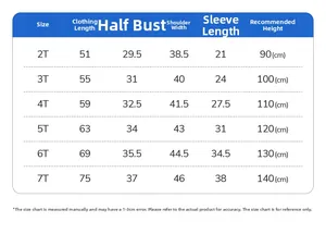 Size chart for girls cotton patchwork dress with measurements for ages 2T to 7T