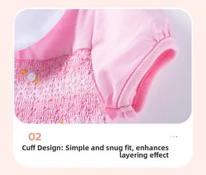 Dettaglio dell'abito in maglia rosa con punto smock, ricamo floreale e maniche corte