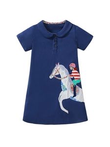 Navy blue cotton girl dress with Peter Pan collar and horse applique embroidery