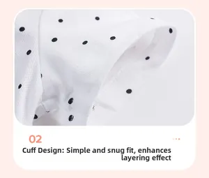 Close-up of short sleeve cuff design on a white cotton polo dress with black polka dots